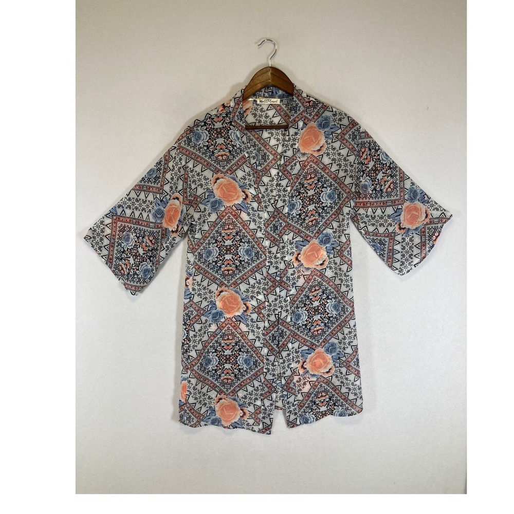 Boho Floral Geometric WallFlower Women Small Multi Open Front Kimono Cardigan
